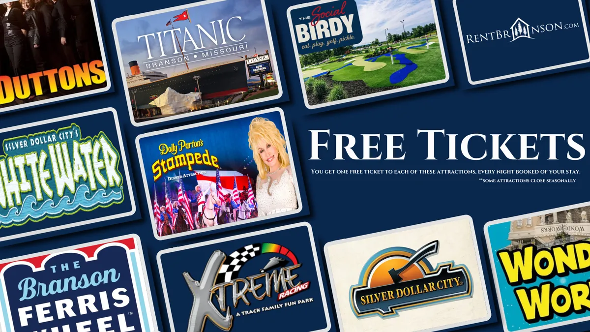 An interior close-up featuring a collection of colorful attraction tickets with vibrant branding and the bold text 'FREE TICKETS.' The display hints at the variety of entertainment and outings available nearby, creating excitement for family-oriented adventures.